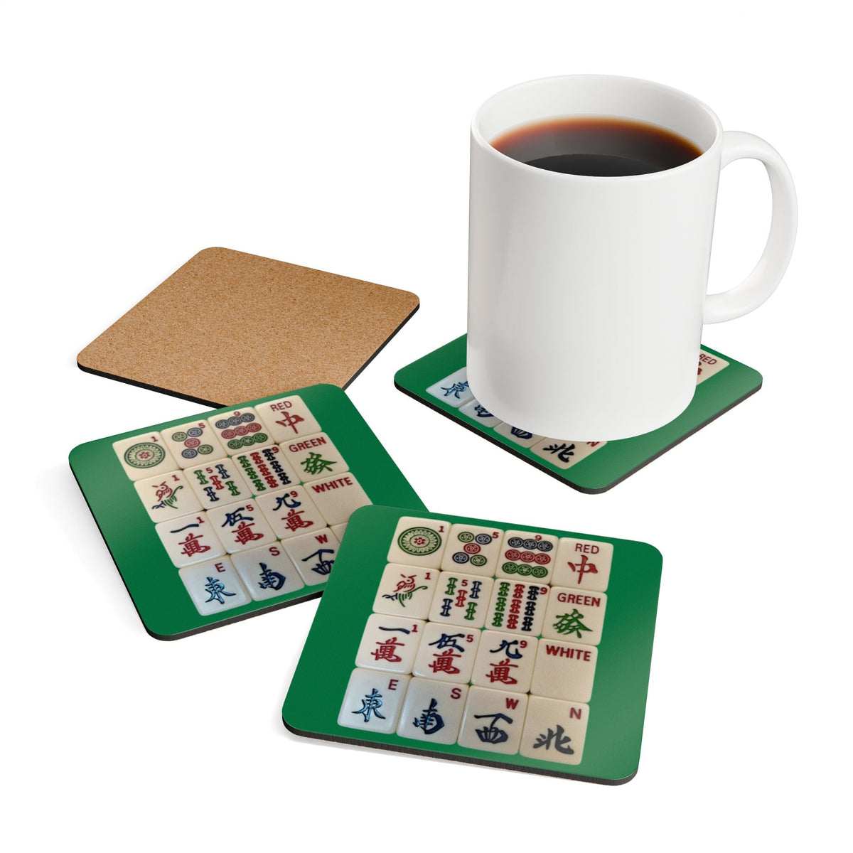 Mah Jongg Tile Grid Corkwood Coaster Set | Game Room Drink Coasters