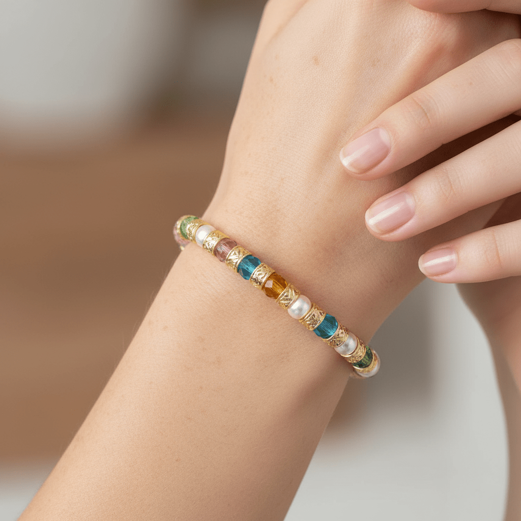 Multicolor and Gold Bead Murano Crystal and Pearls Bracelet