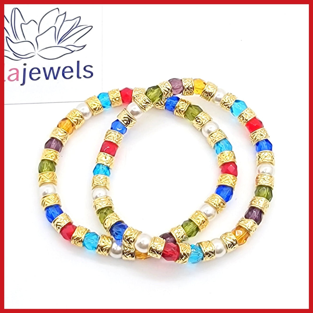 Multicolor and Gold Bead Murano Crystal and Pearls Bracelet