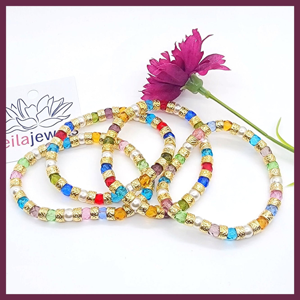 Multicolor and Gold Bead Murano Crystal and Pearls Bracelet