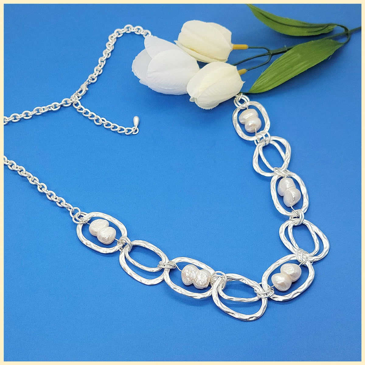 White Baroque Pearl Station Necklace