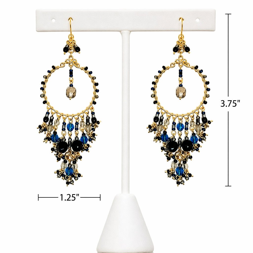 Handmade Beaded Chandelier Earrings - Blue, Black and Topaz Beads