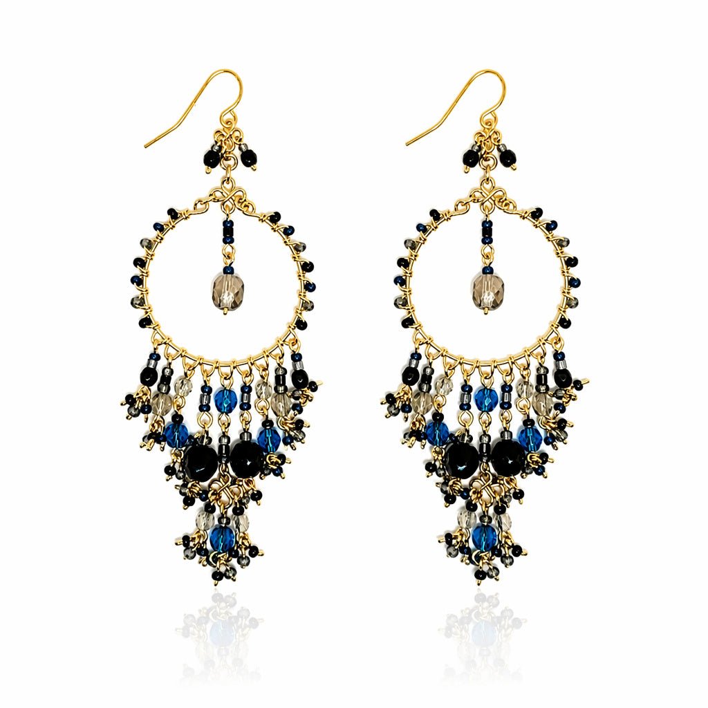Handmade Beaded Chandelier Earrings - Blue, Black and Topaz Beads