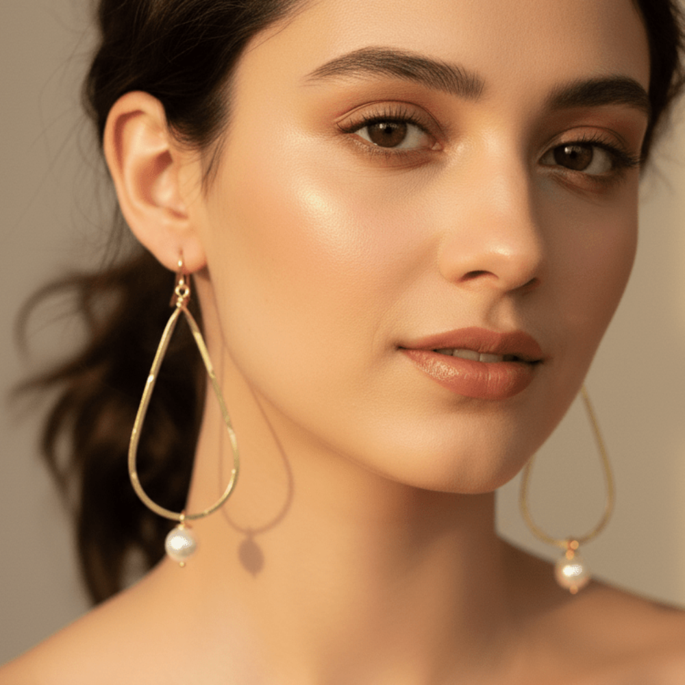 Hammered Long Teardrop Earrings with Pearl Drop