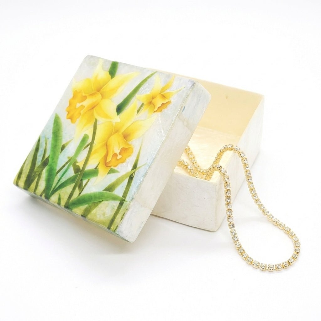 Yellow Daffodils Capiz Shell Painted Trinket Box