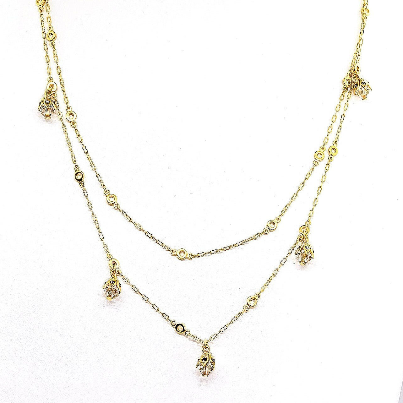 Double Chain Necklace with Crystal Drops