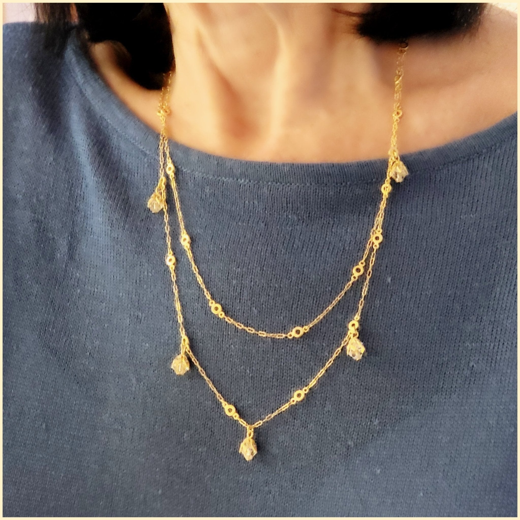 Double Chain Necklace with Crystal Drops