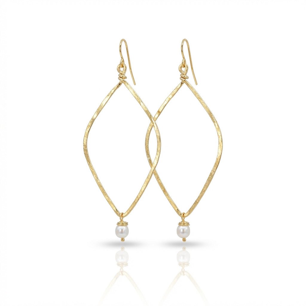 Hammered Long Open Diamond Earrings with Pearl Drop
