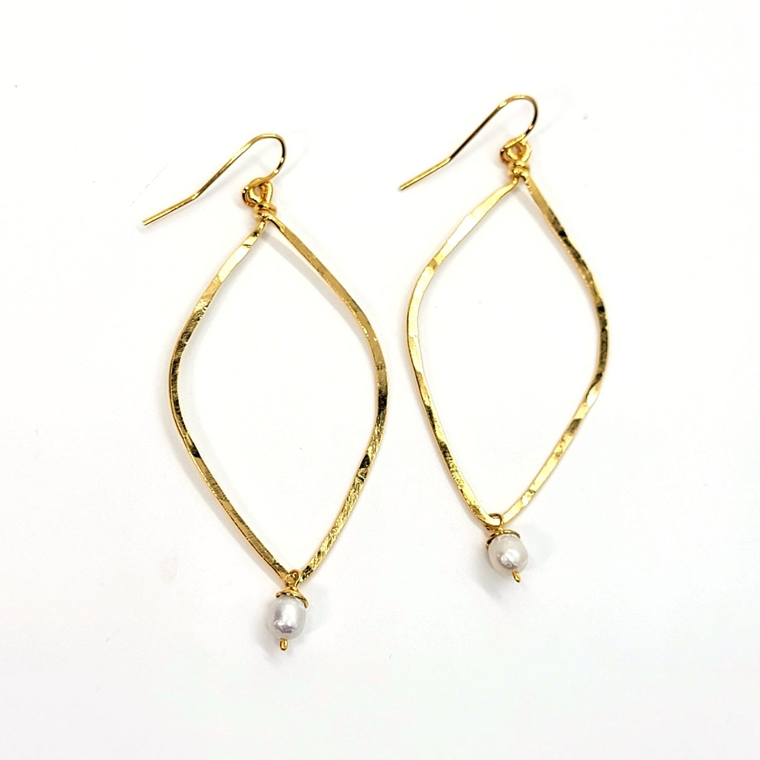 Hammered Long Open Diamond Earrings with Pearl Drop