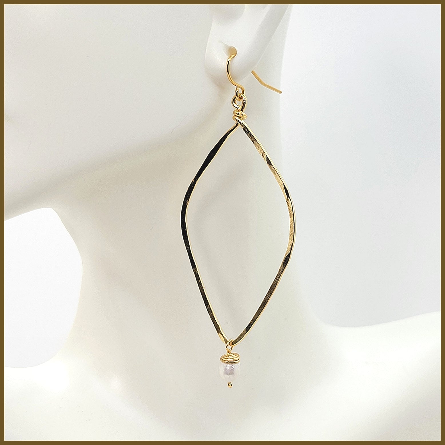Hammered Long Open Diamond Earrings with Pearl Drop