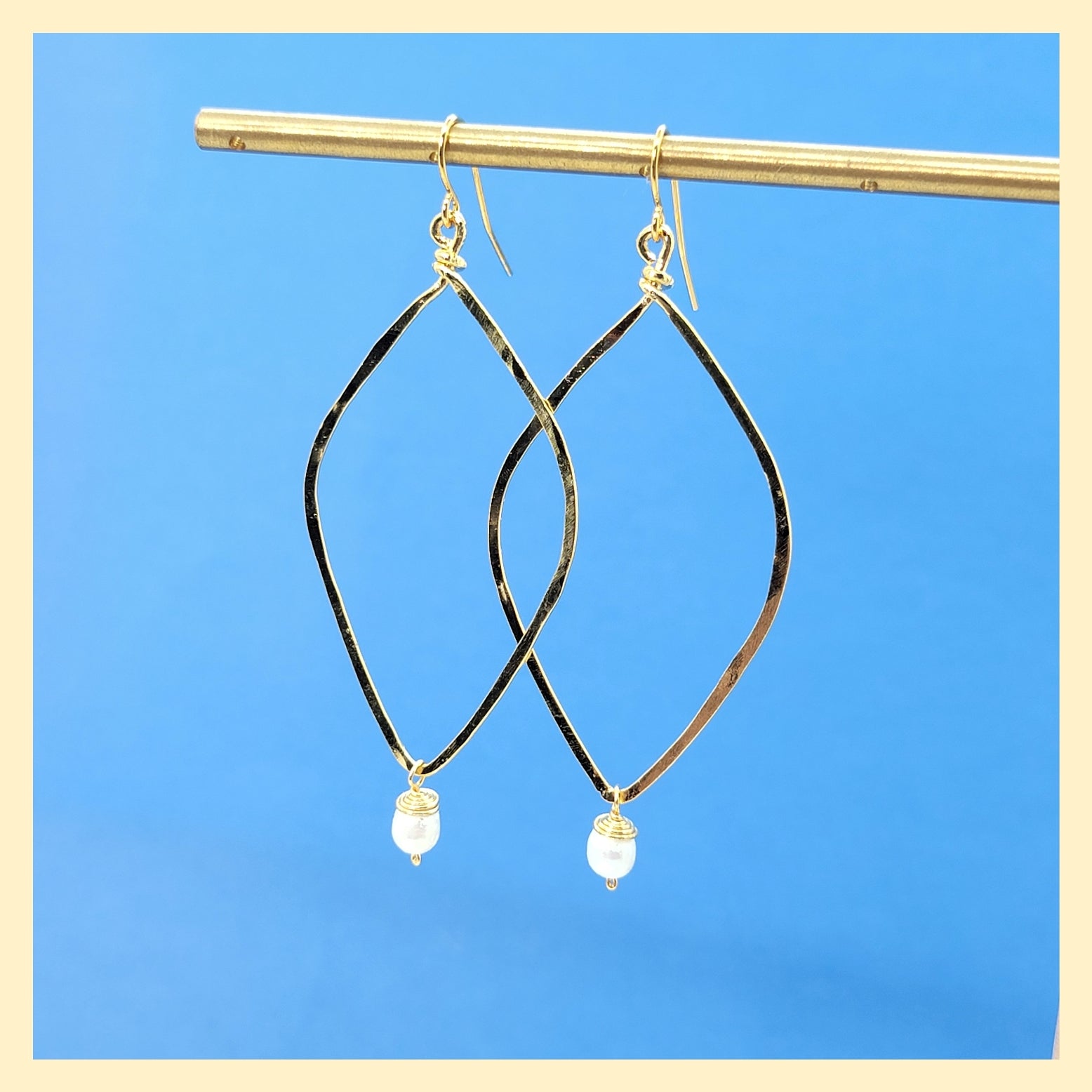 Hammered Long Open Diamond Earrings with Pearl Drop