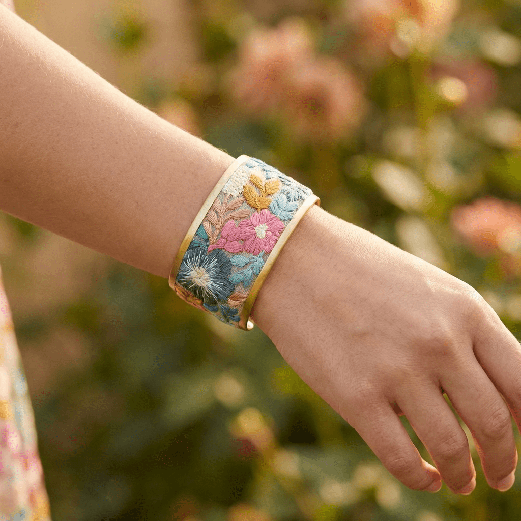Faded Floral Embroidered Cuff Bracelet