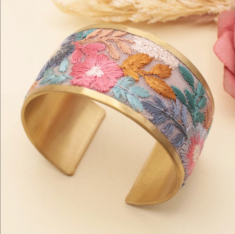 Faded Floral Embroidered Cuff Bracelet