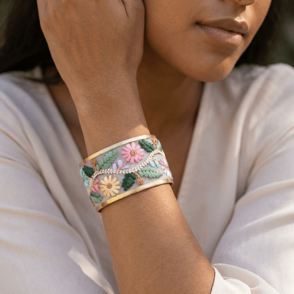 Floral Vines Embroidered Cuff Bracelet