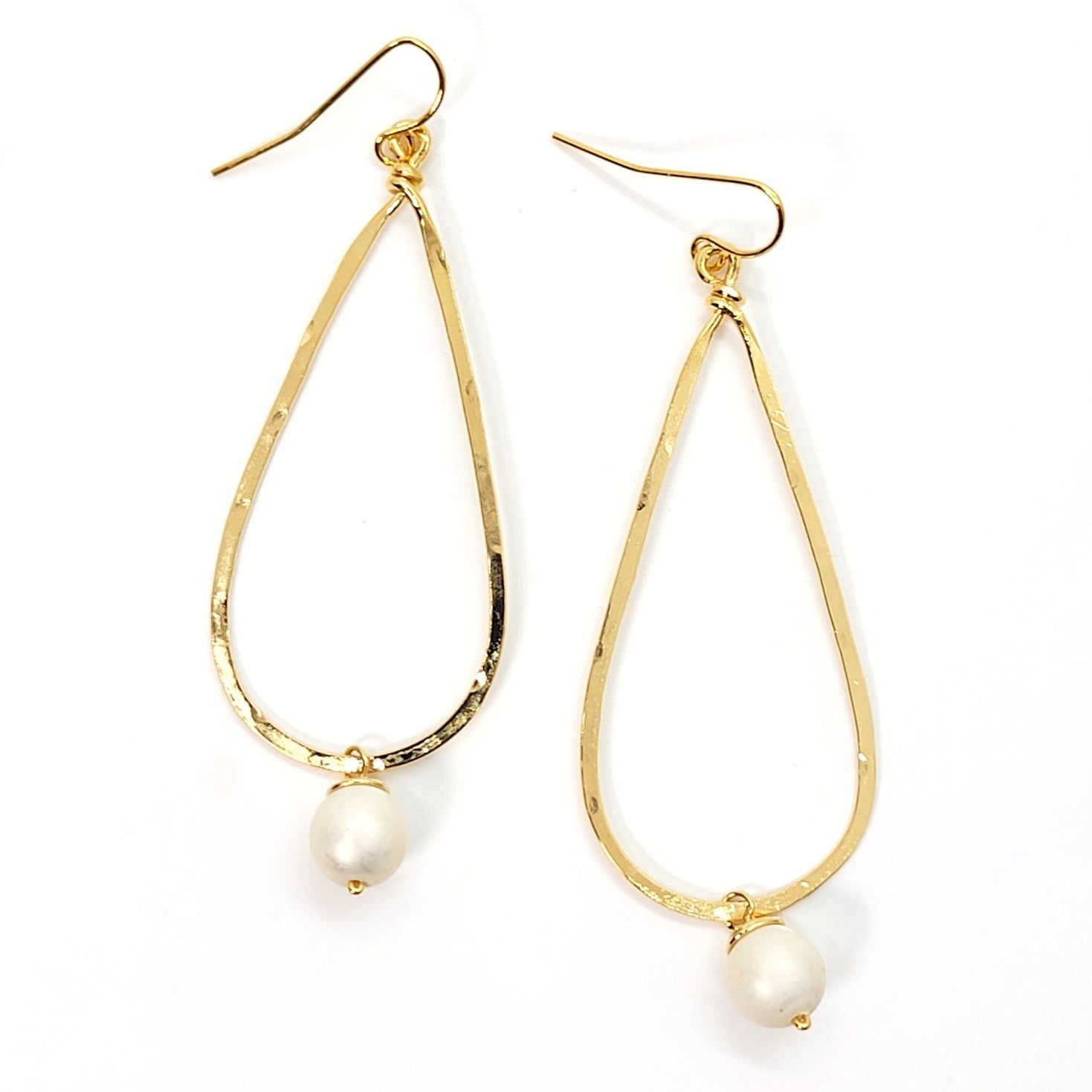 Hammered Long Teardrop Earrings with Pearl Drop
