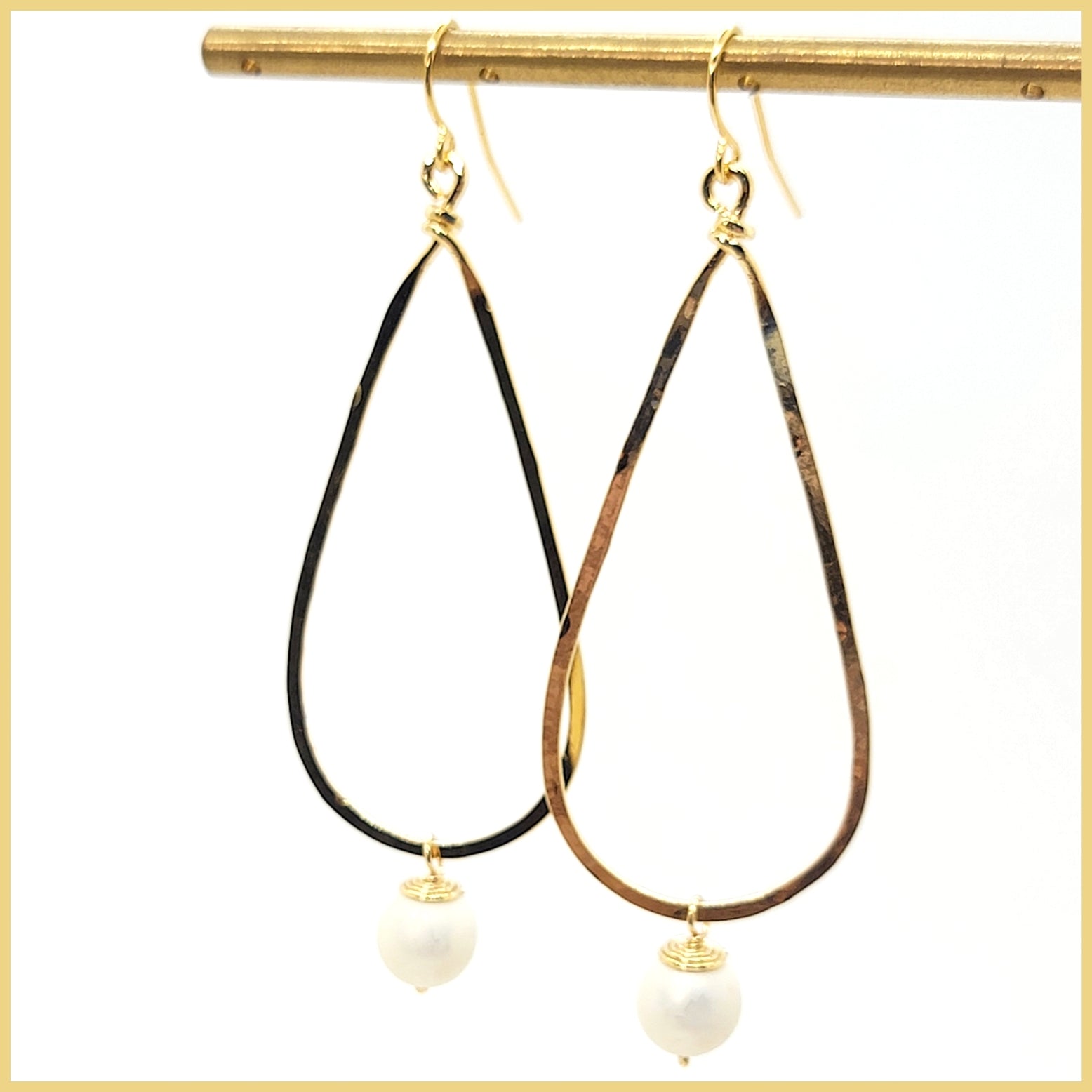 Hammered Long Teardrop Earrings with Pearl Drop