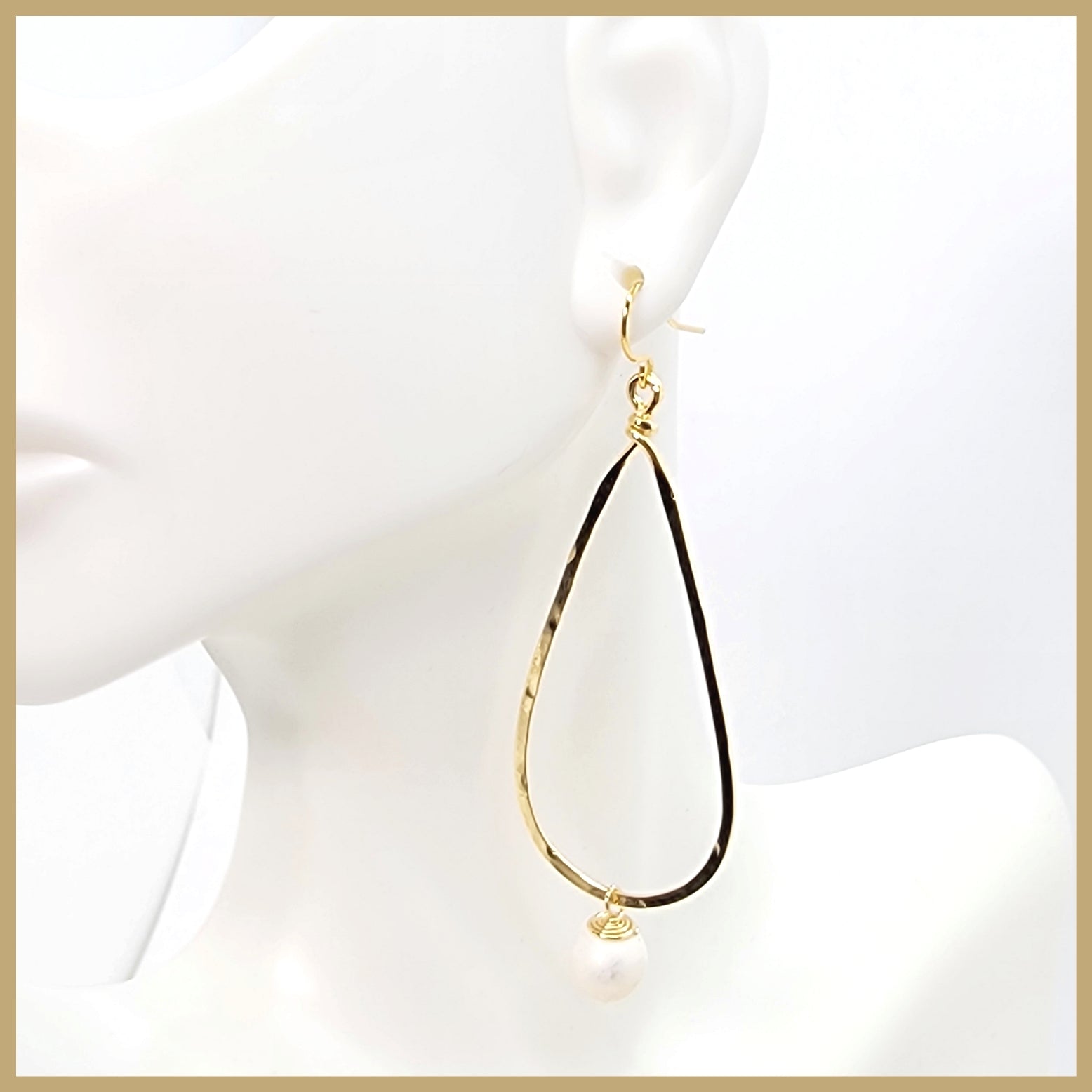 Hammered Long Teardrop Earrings with Pearl Drop
