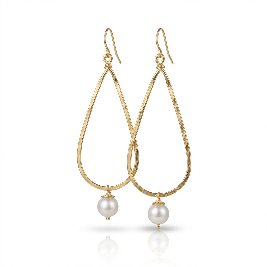 Hammered Long Teardrop Earrings with Pearl Drop