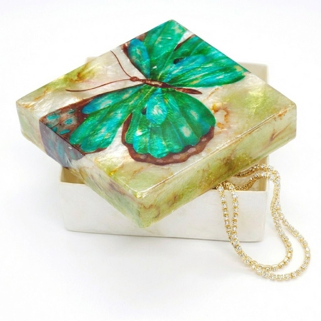 Green Butterfly Capiz Shell Painted Trinket Box