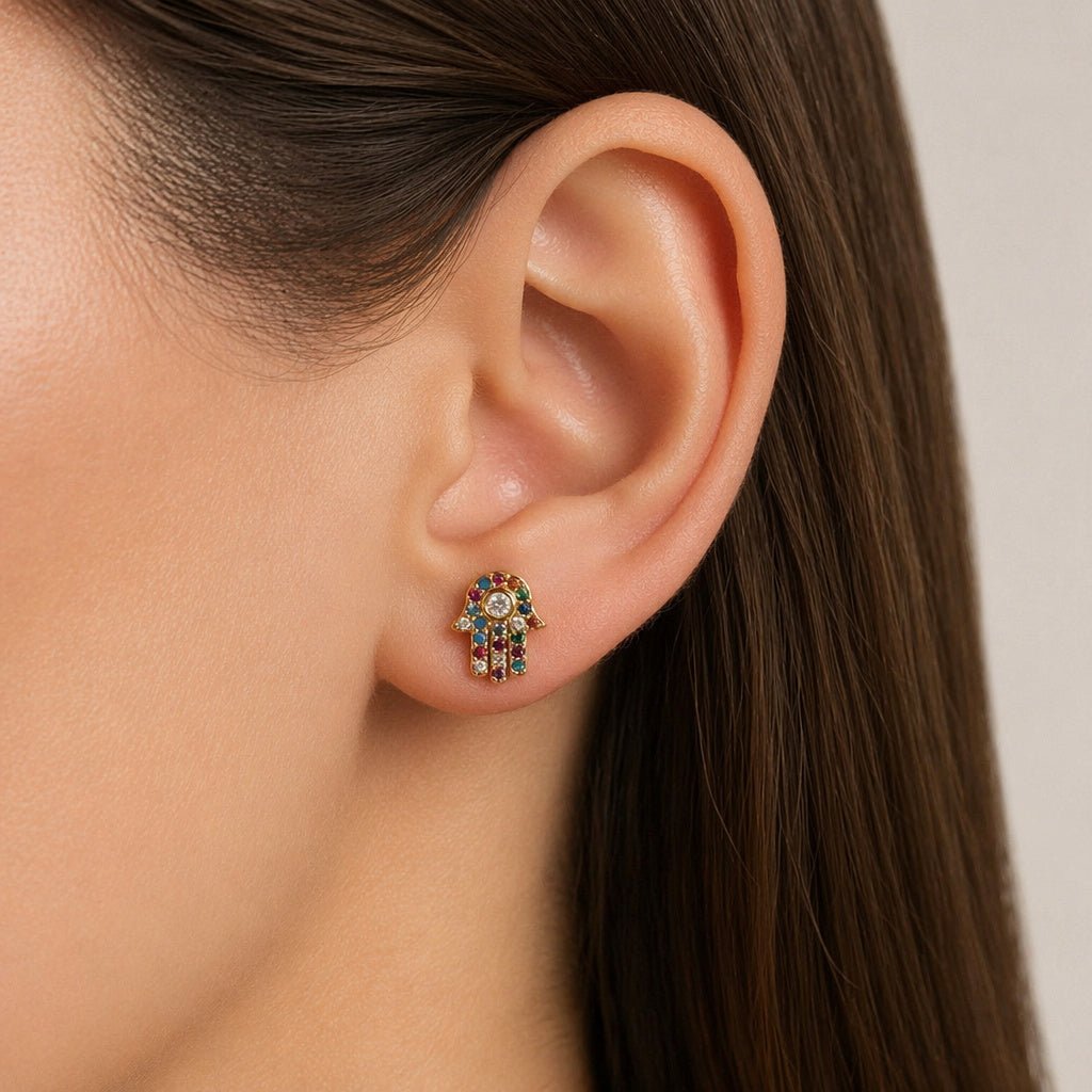 Multicolor Crystal Hamsa Stud Earrings
