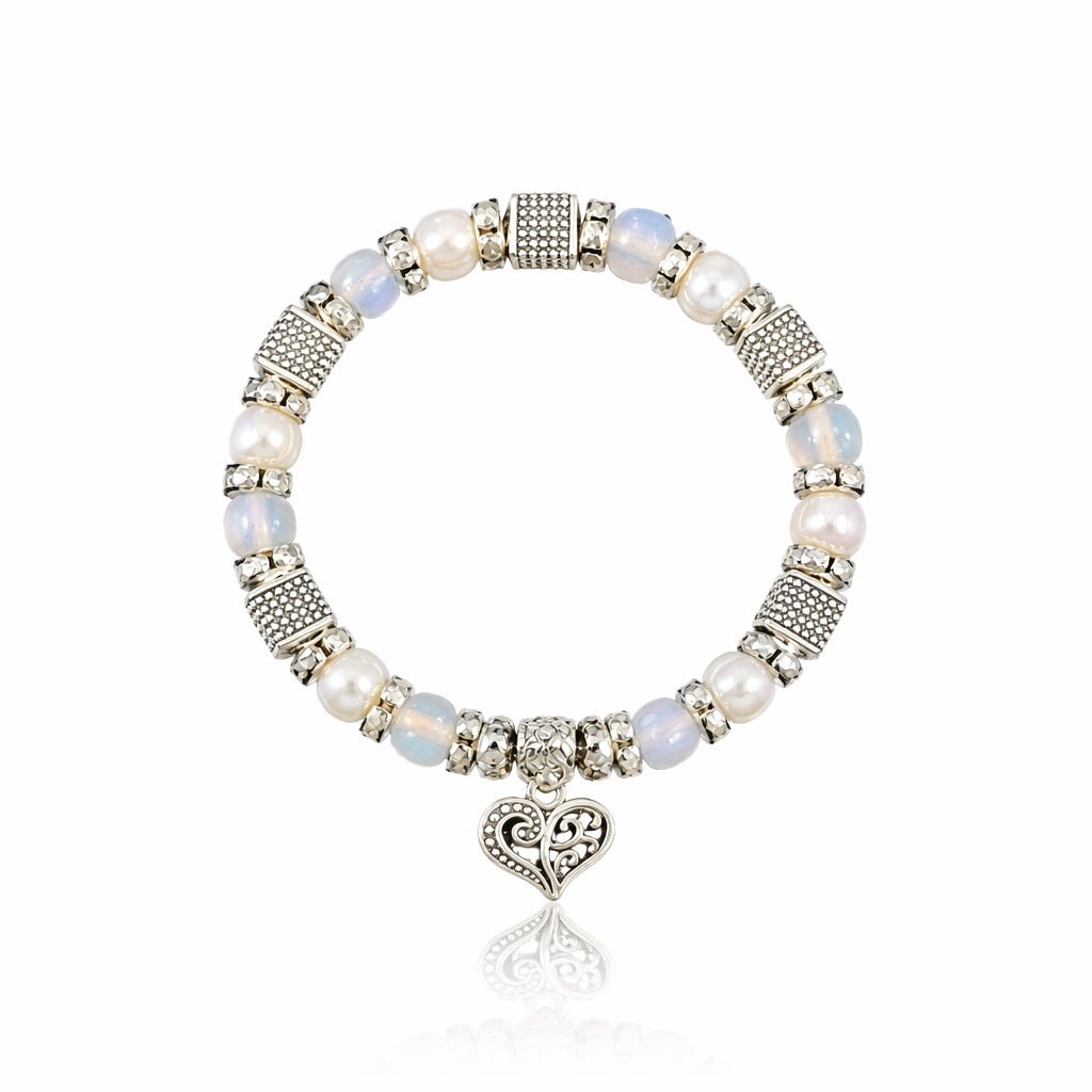 Filigree Heart Charm and Pearl Stretch Bracelet