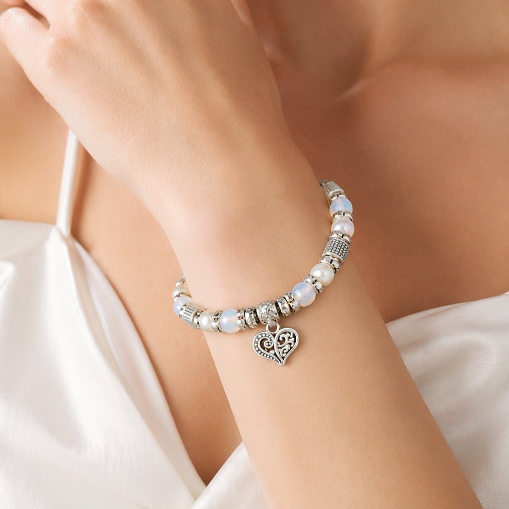 Filigree Heart Charm and Pearl Stretch Bracelet