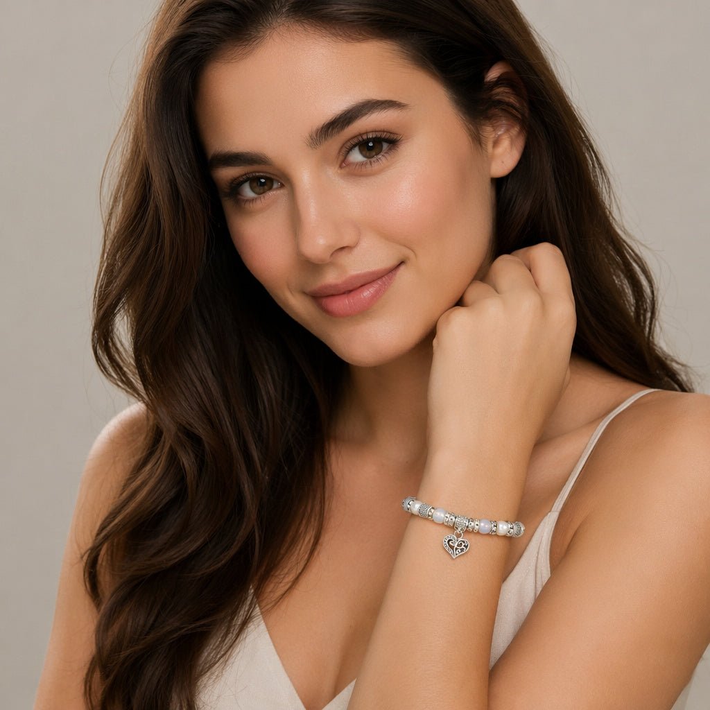 Filigree Heart Charm and Pearl Stretch Bracelet