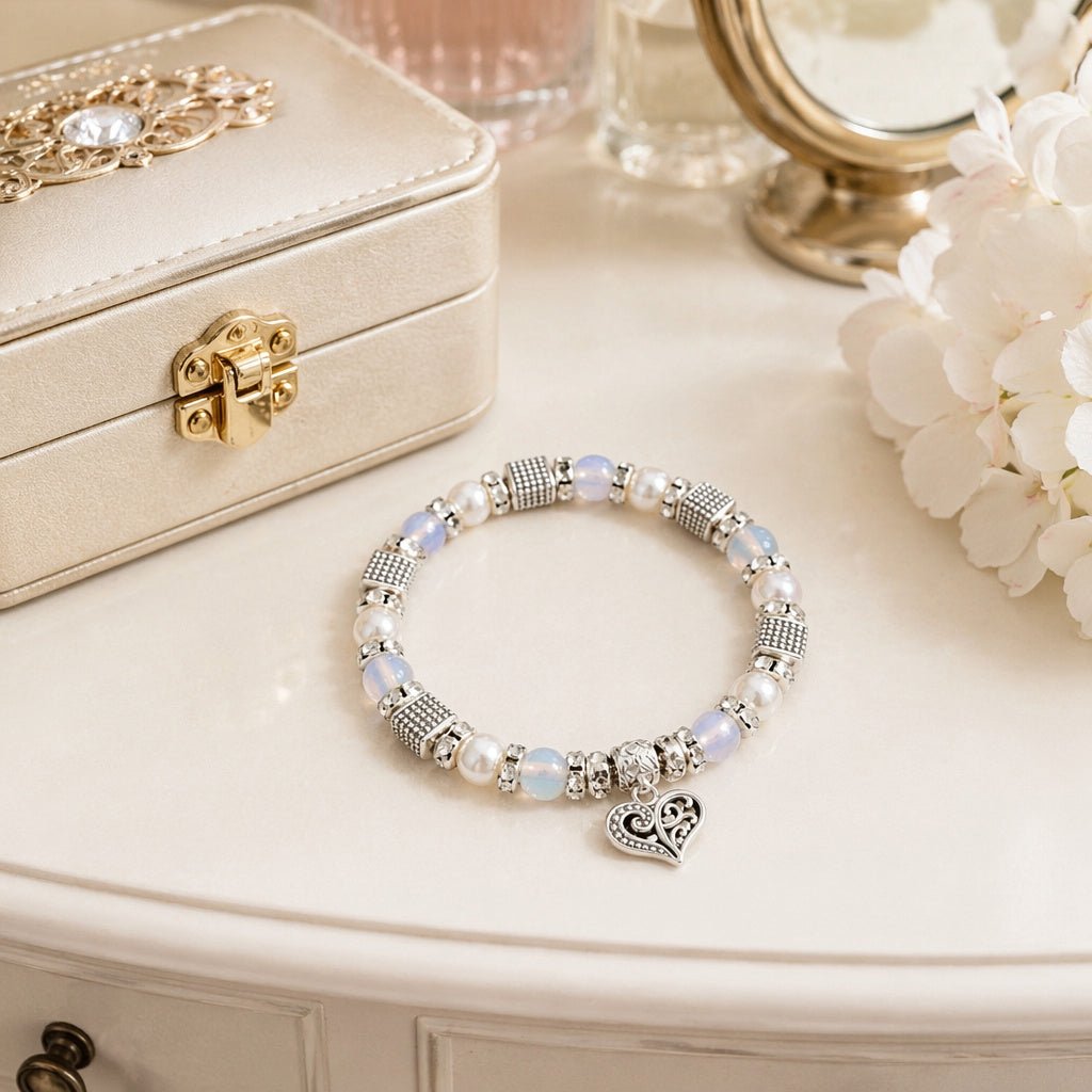 Filigree Heart Charm and Pearl Stretch Bracelet