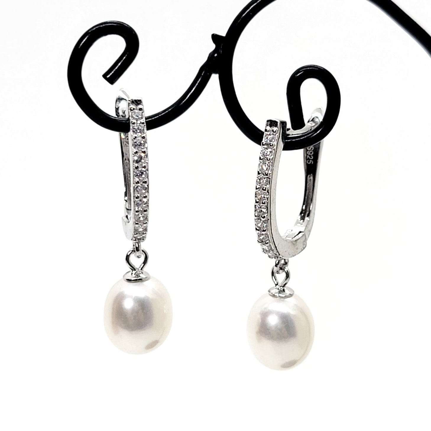 Sterling Pavé Huggies with Cultured Pearl Drop