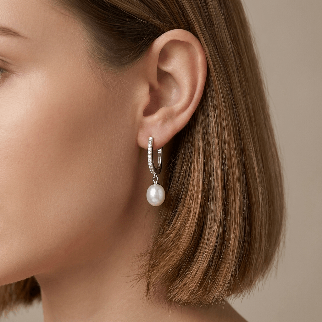 Sterling Pavé Huggies with Cultured Pearl Drop