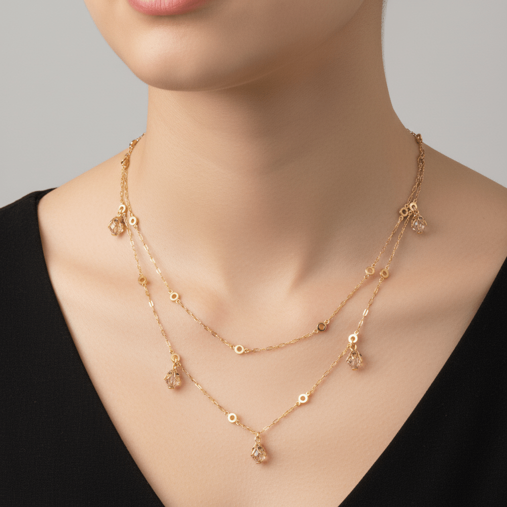 Double Chain Necklace with Crystal Drops