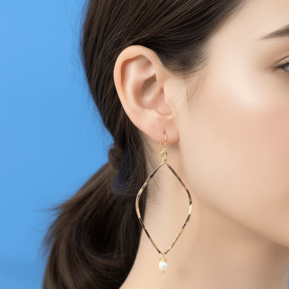 Hammered Long Open Diamond Earrings with Pearl Drop