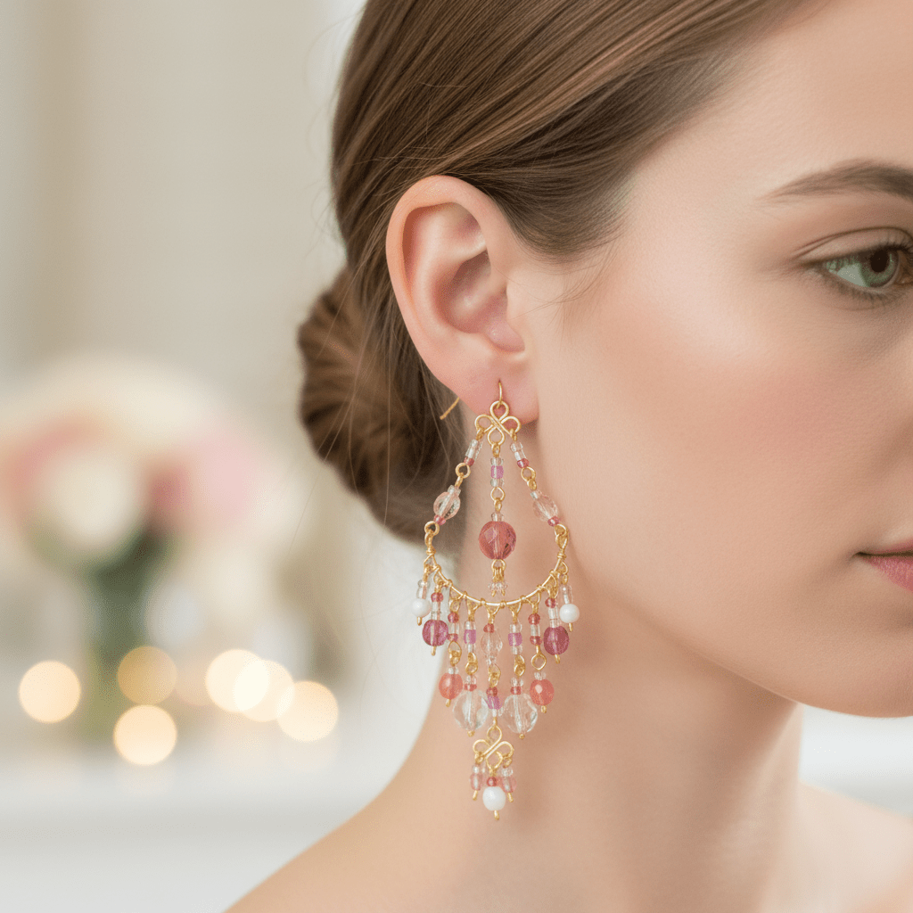 Handmade Beaded Chandelier Earrings - Pink Pastel