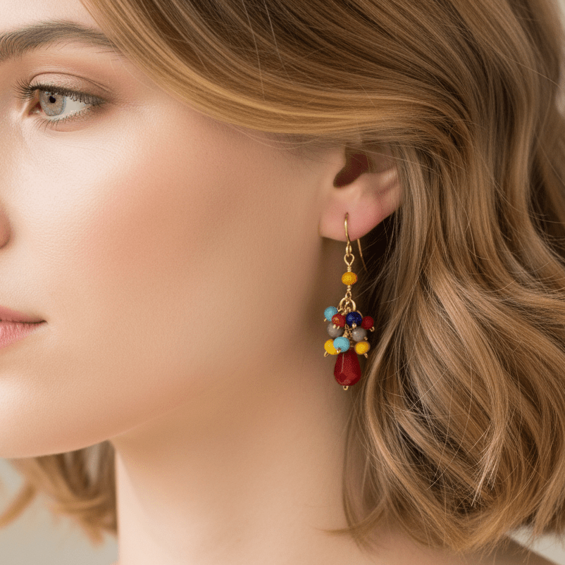 Multi-color Crystal Cluster Earrings - Red