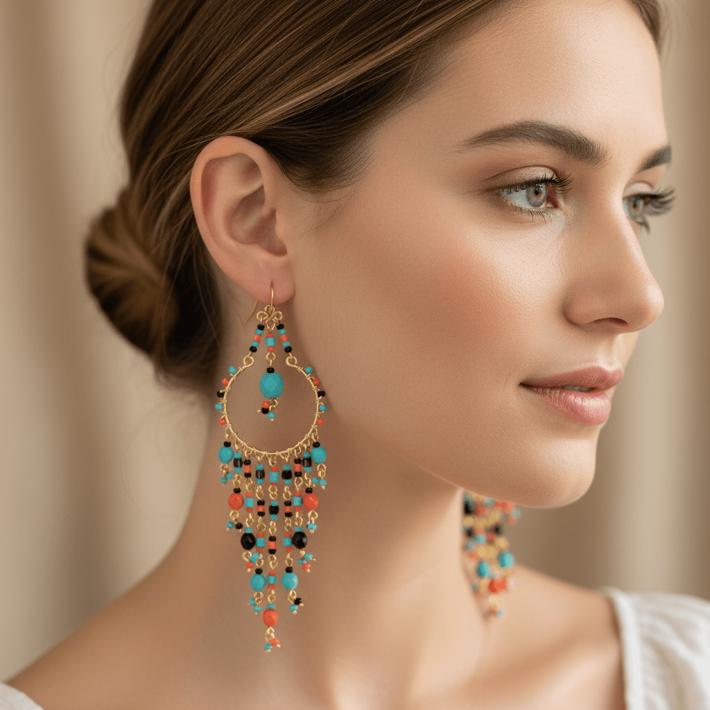 Handmade Beaded Chandelier Earrings - Turquoise Drop