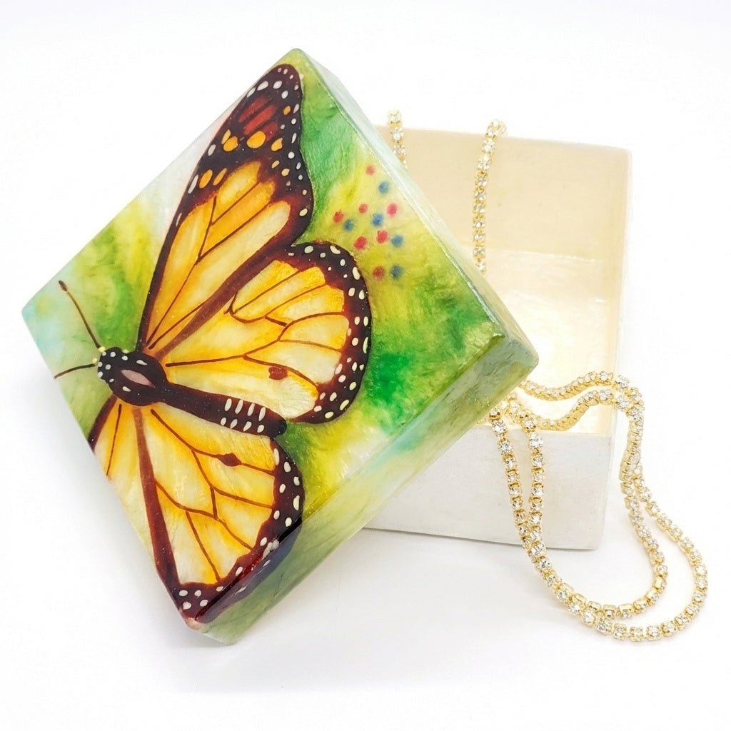 Monarch Butterfly Capiz Shell Painted Trinket Box