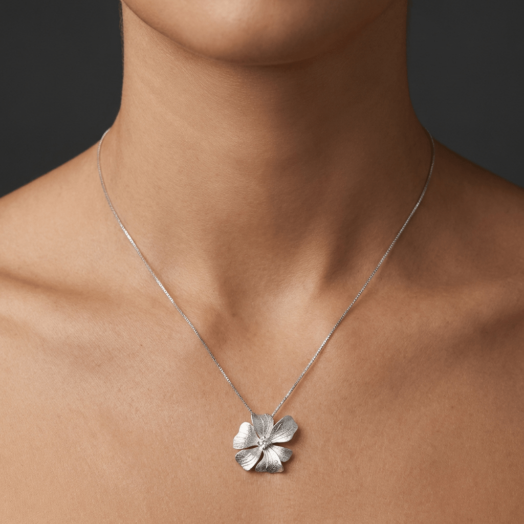 Sterling Silver Peony Pendant Necklace with CZ Pavé