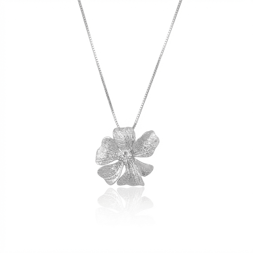 Sterling Silver Peony Pendant Necklace with CZ Pavé