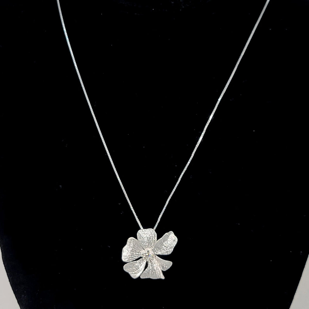 Sterling Silver Peony Pendant Necklace with CZ Pavé