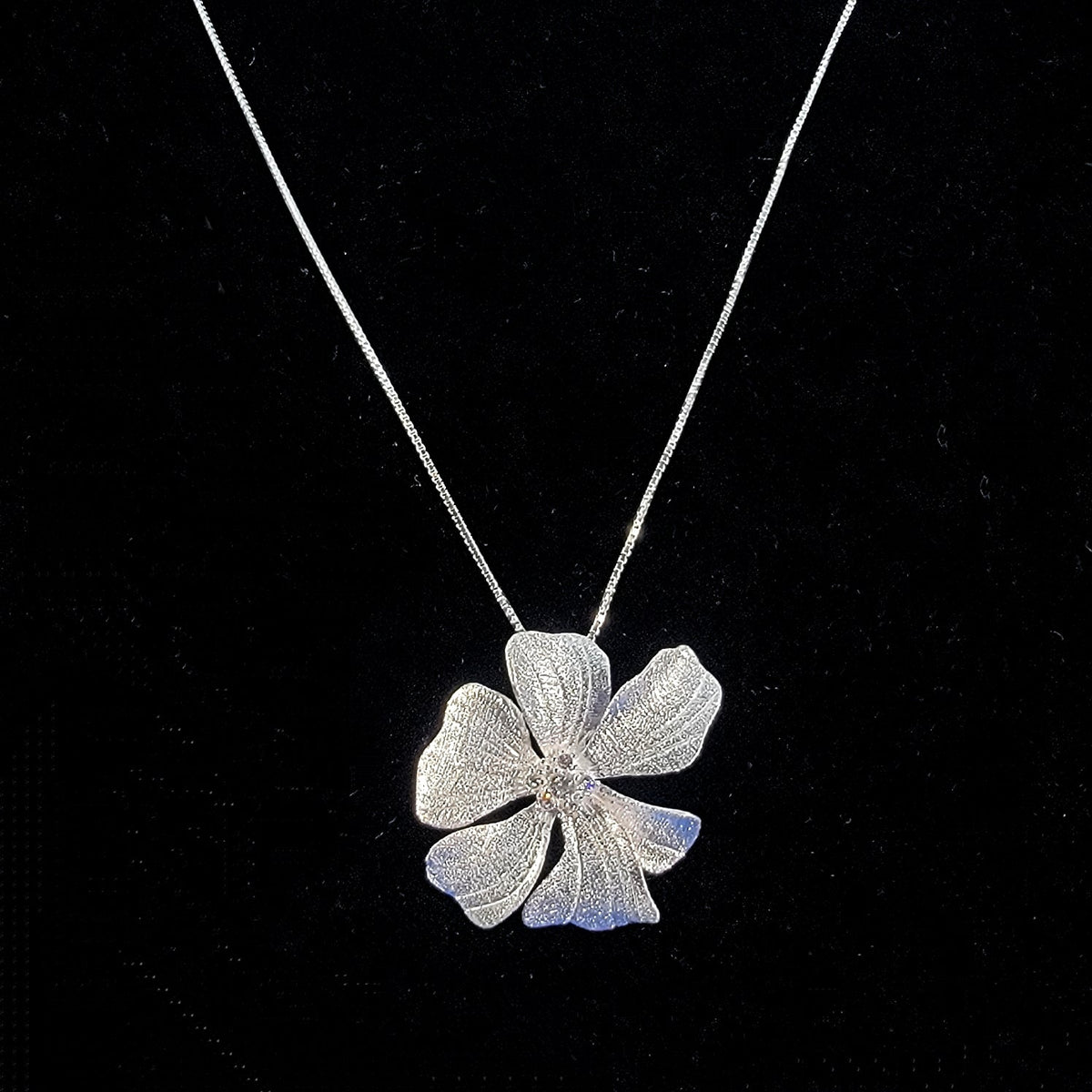 Sterling Silver Peony Pendant Necklace with CZ Pavé