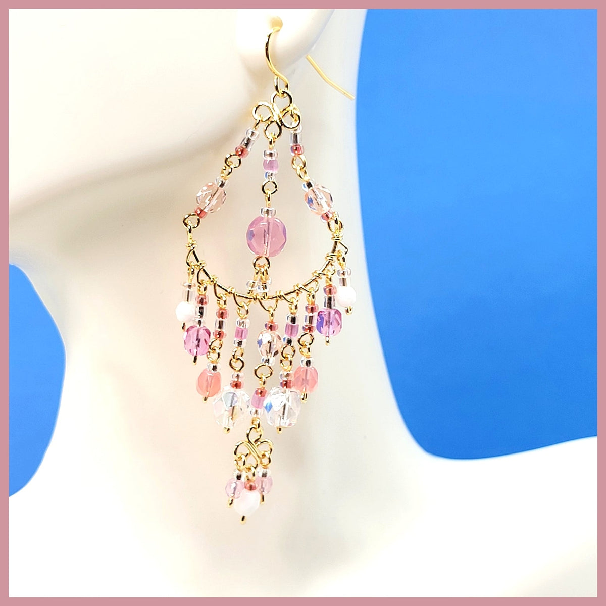 Handmade Beaded Chandelier Earrings - Pink Pastel