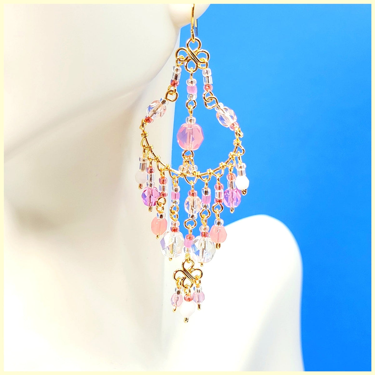 Handmade Beaded Chandelier Earrings - Pink Pastel
