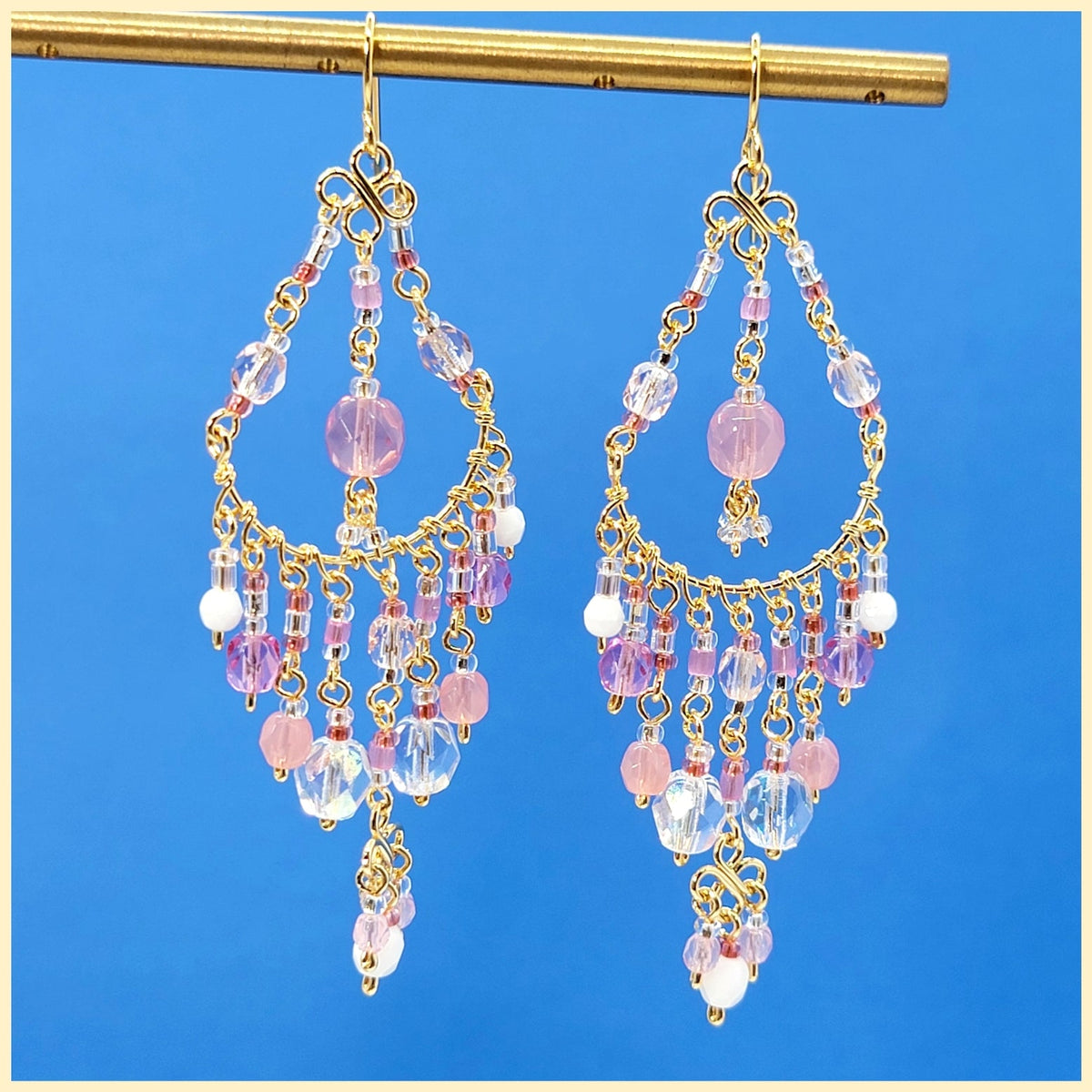 Handmade Beaded Chandelier Earrings - Pink Pastel