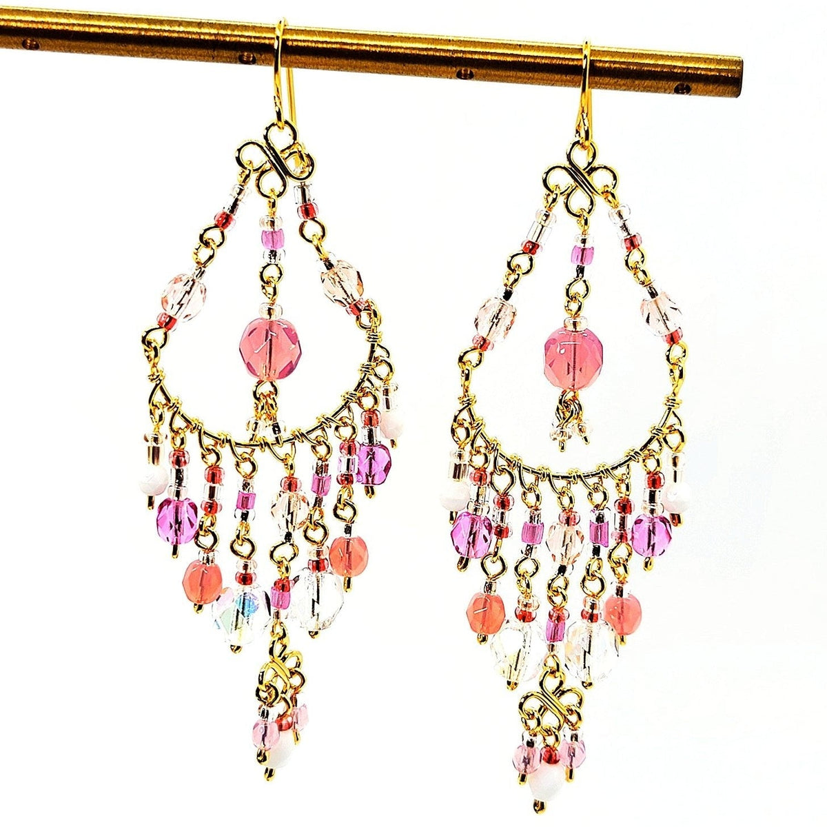Handmade Beaded Chandelier Earrings - Pink Pastel
