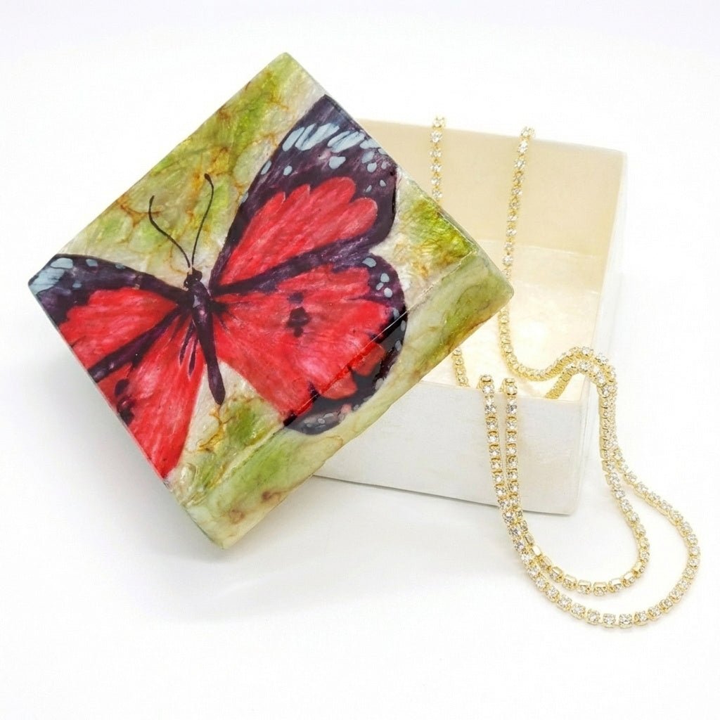 Red Butterfly Capiz Shell Painted Trinket Box
