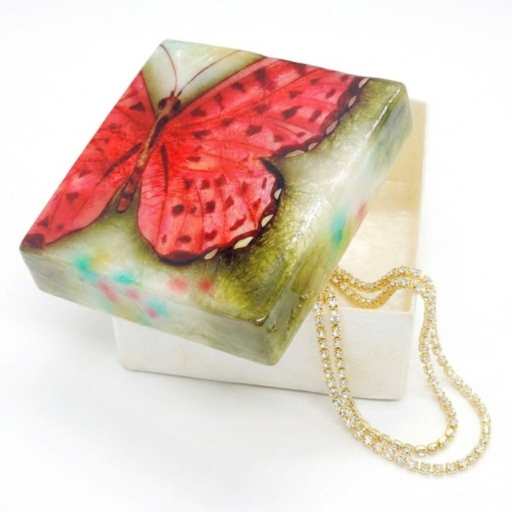 Red Spotted Butterfly Capiz Shell Painted Trinket Box