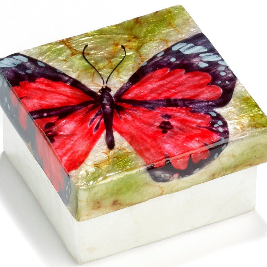 Red Butterfly Capiz Shell Painted Trinket Box