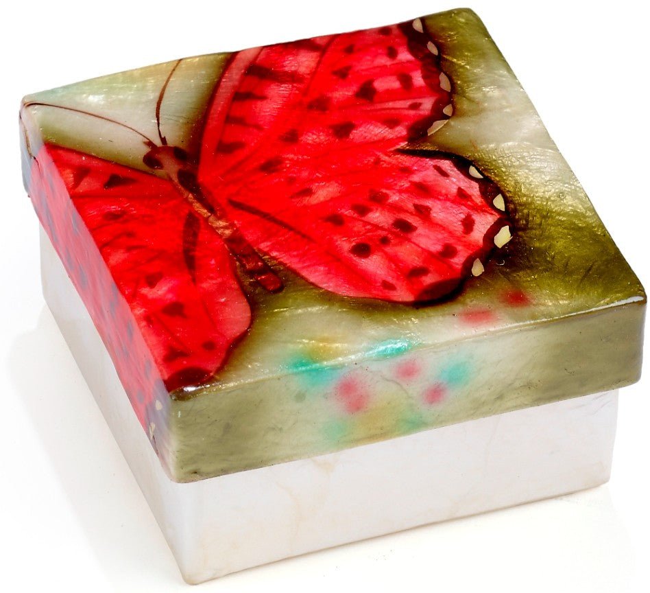 Red Spotted Butterfly Capiz Shell Painted Trinket Box
