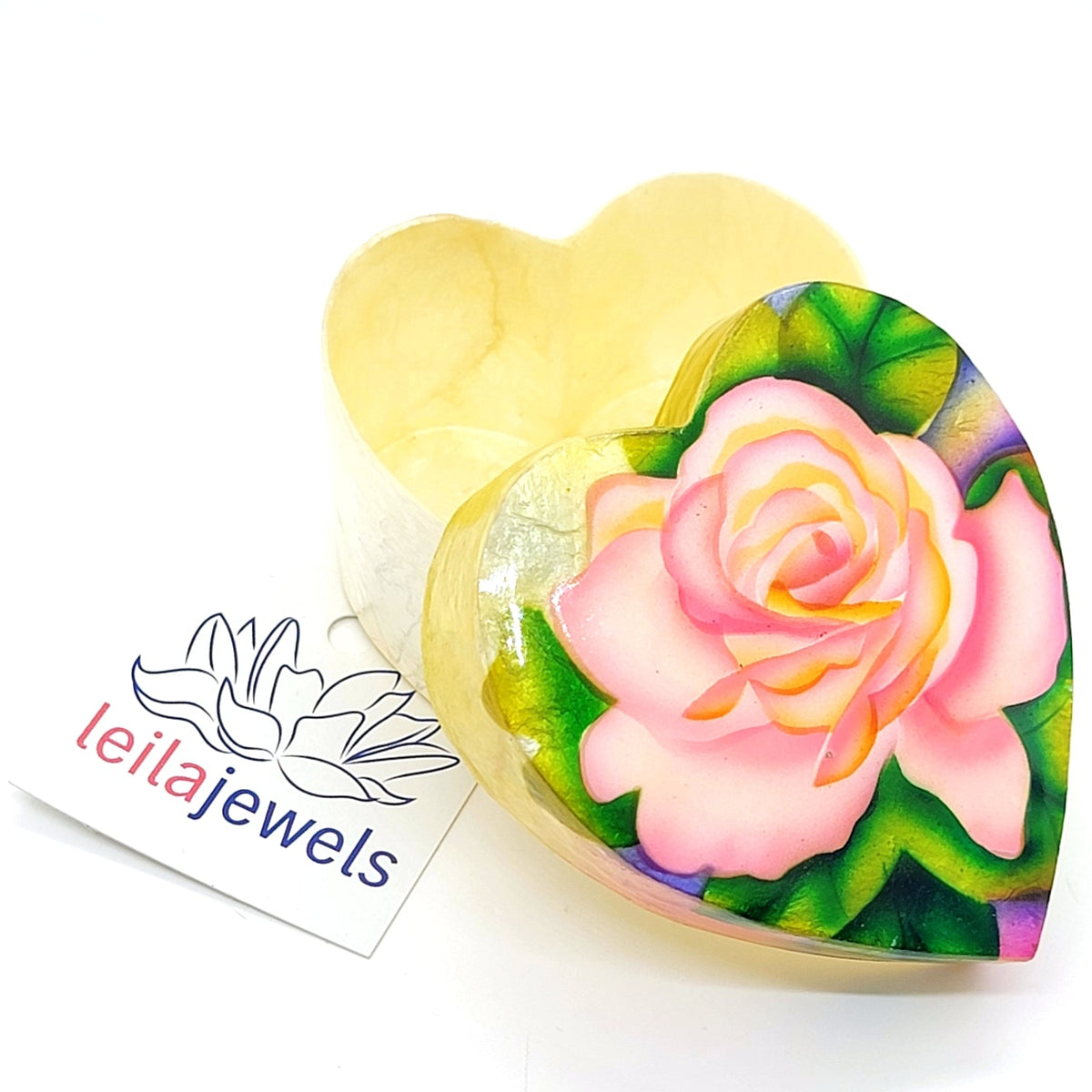 Rose Heart Capiz Shell Painted Trinket Box