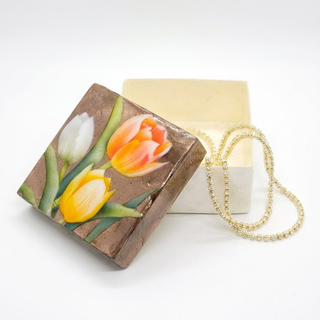 Tulip Flower Capiz Shell Painted Trinket Box